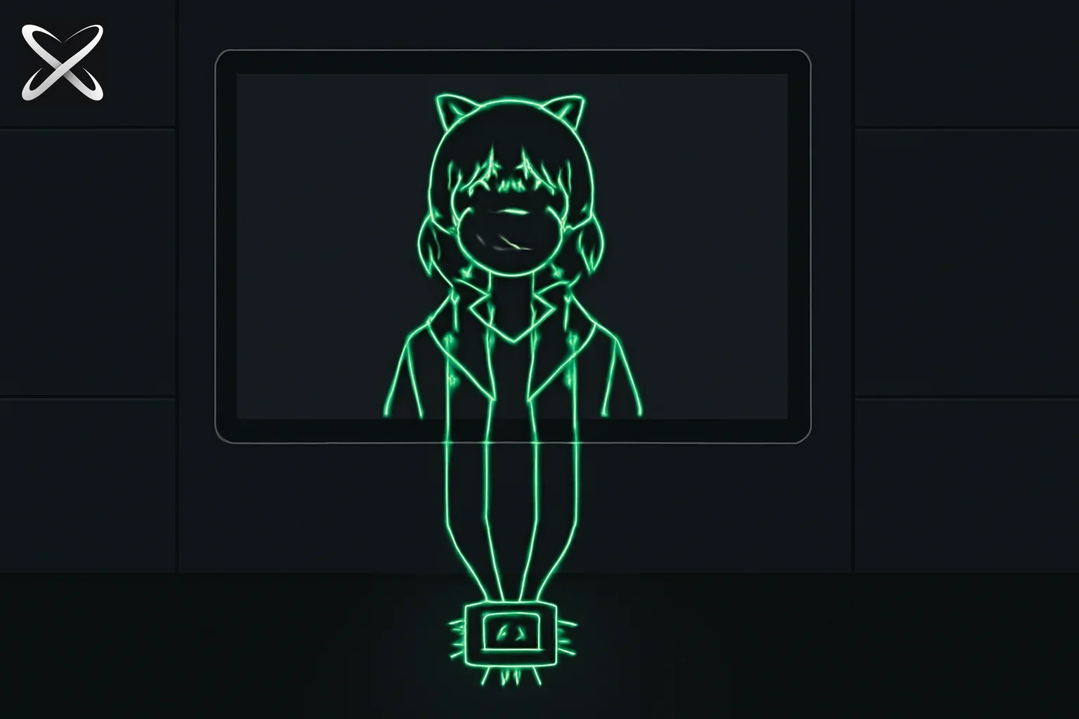 AIRI AI VTuber guide — a rounded avatar blob on a stage connected to game controller, chat, and microphone icons