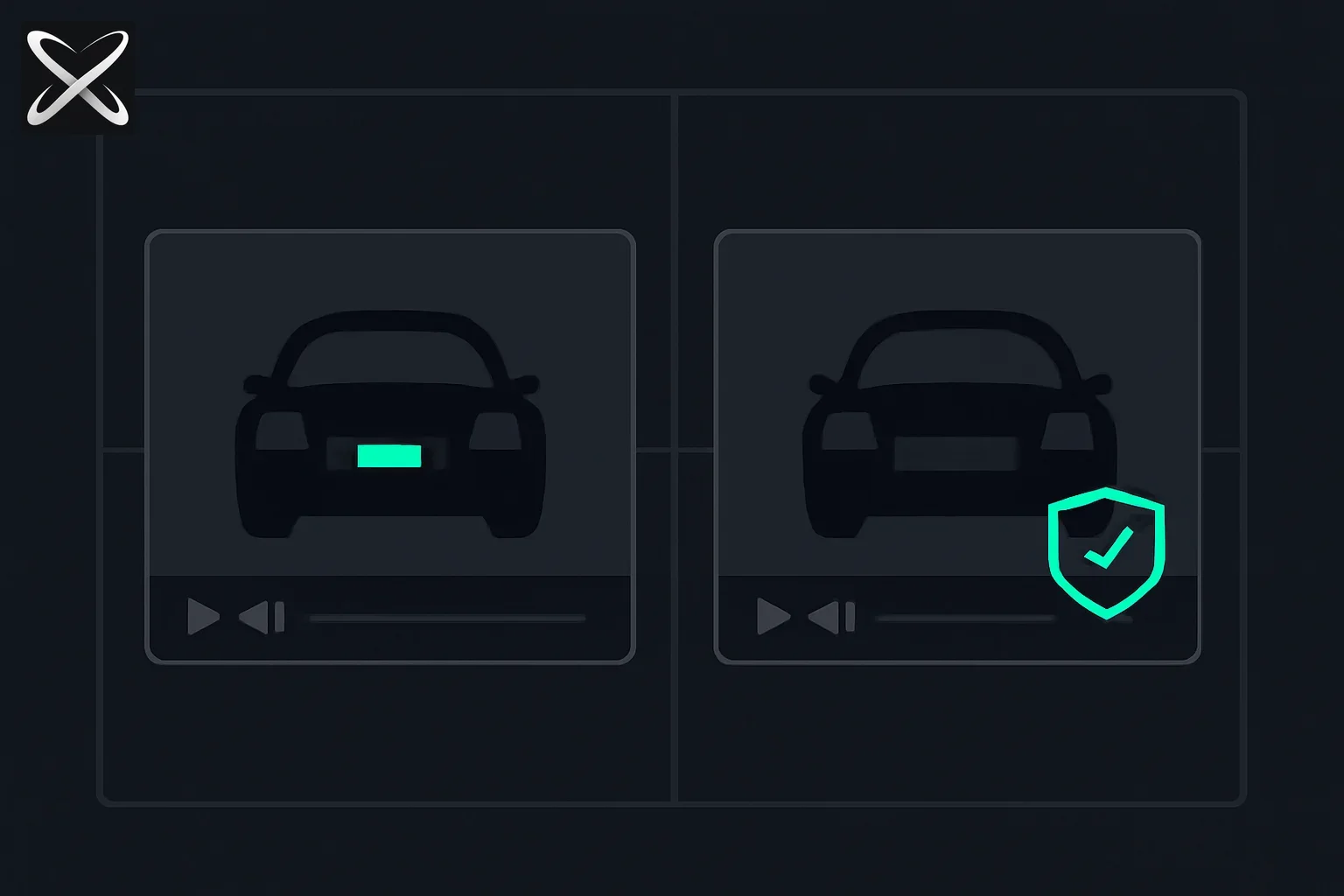 AI license plate blurring explained — a readable plate frame beside a blurred, privacy-protected plate frame with a shield icon