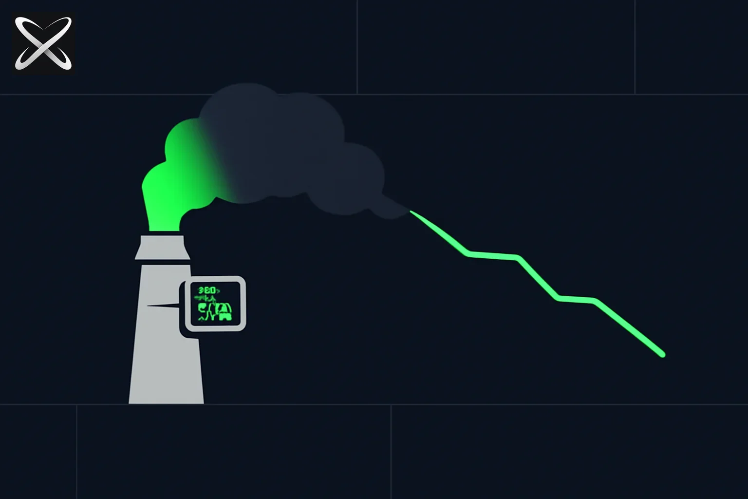 Can AI solve global warming — a factory smokestack plume passing through a sensor node into a declining emissions graph line