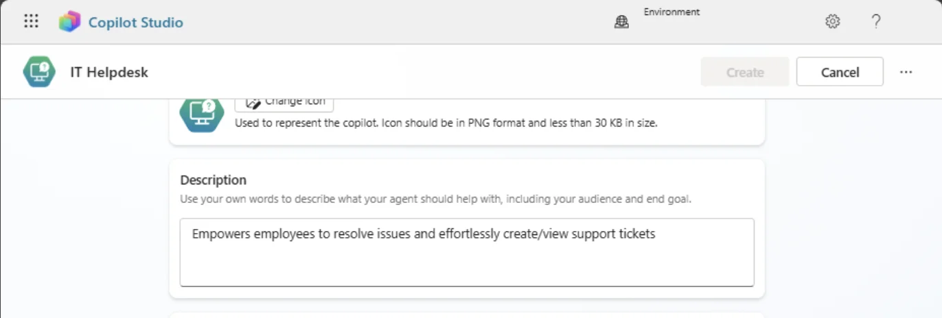 Microsoft Copilot Studio IT Helpdesk agent creation screen showing the agent description field during ServiceNow integration setup