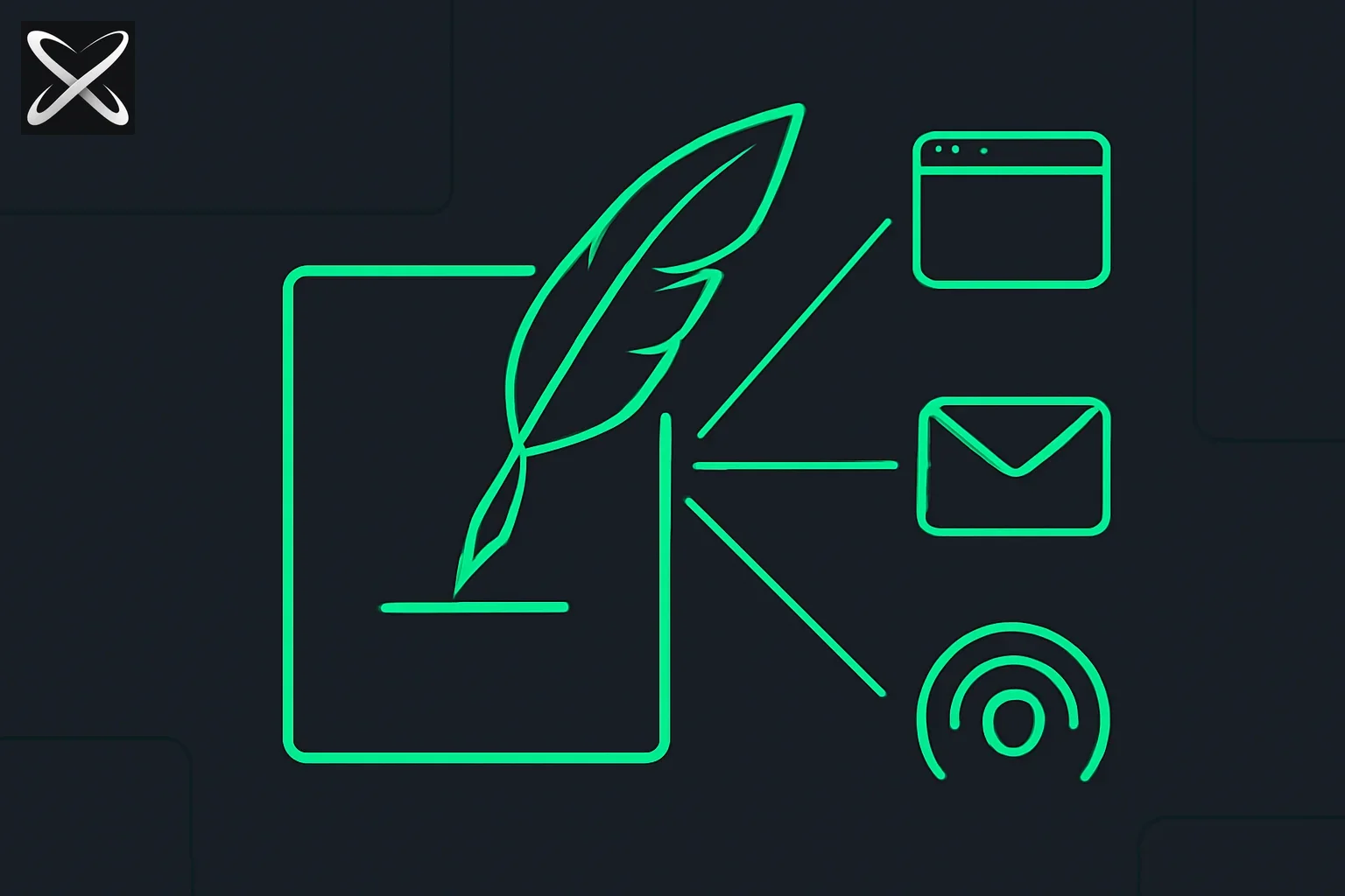 Ghost CMS explained — one document panel streaming out to browser, email, and broadcast icons simultaneously
