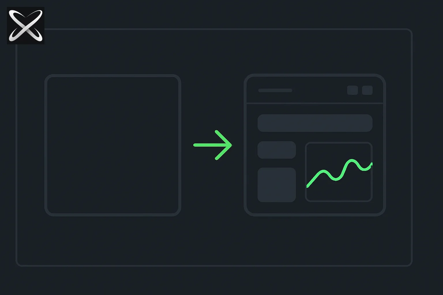 A blank frame transforming into a custom mini interface with panels and a chart, symbolizing a prompt becoming a generated interactive UI