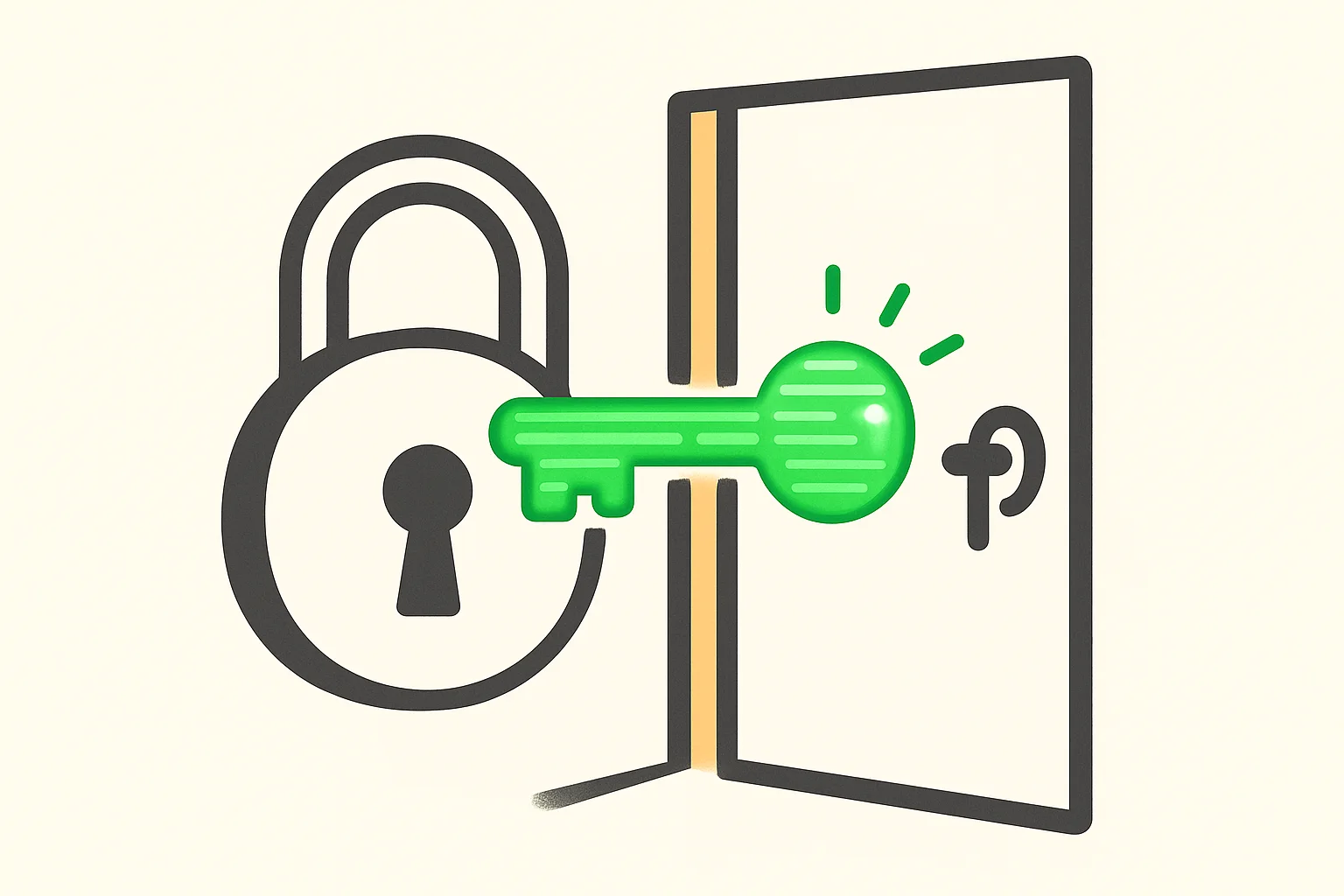 How language models solve hard problems: a glowing green key made of lines of writing in a padlock beside a door opening onto light