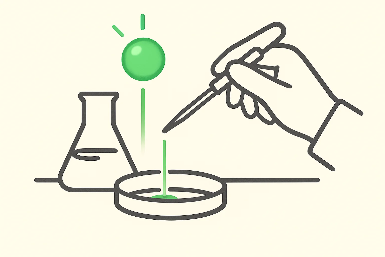 AI in the lab: a glowing green orb shining a beam onto a petri dish while a human hand holds a pipette