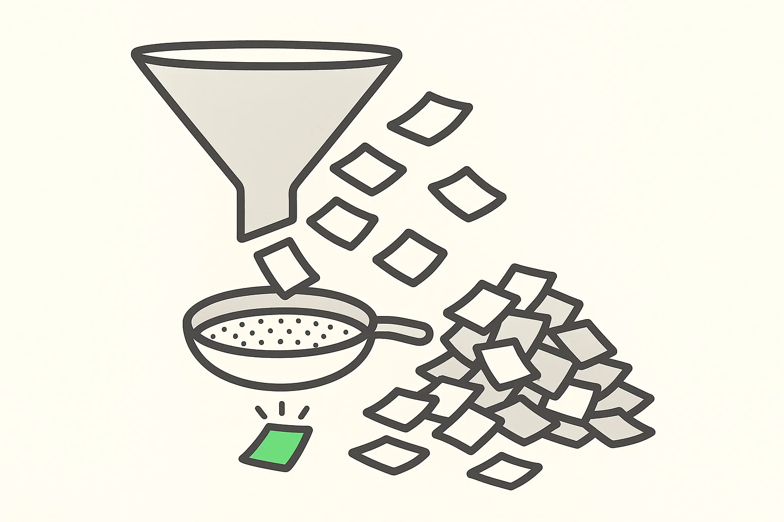 Generate and verify AI discovery: a funnel pouring many paper sheets into a sieve where only one glowing green sheet passes through