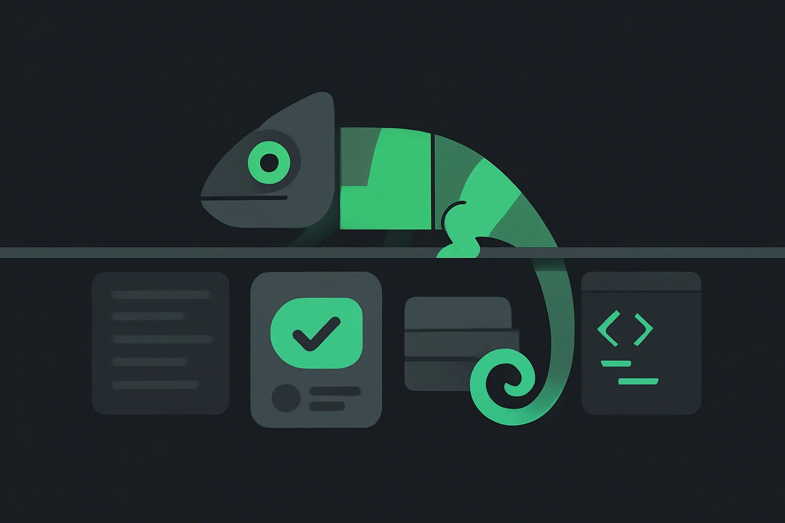 Melo AI learning copilot illustrated as a chameleon adapting its pattern across article, quiz, flashcard and code contexts