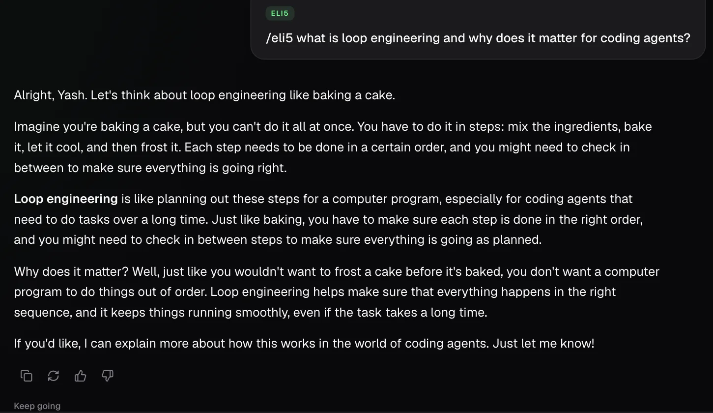 Melo answering an ELI5 question about loop engineering with a baking analogy, personalized by name, with copy, regenerate and feedback buttons below