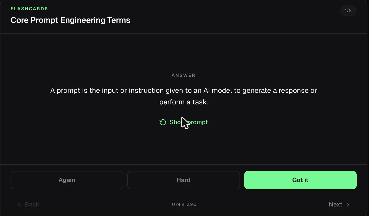 A Melo flashcard showing the revealed answer with Again, Hard and Got it recall-rating buttons