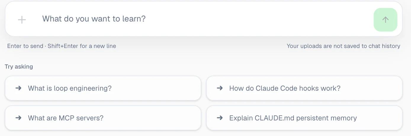 The Melo input box with suggested starter questions about loop engineering, Claude Code hooks, MCP servers and CLAUDE.md persistent memory