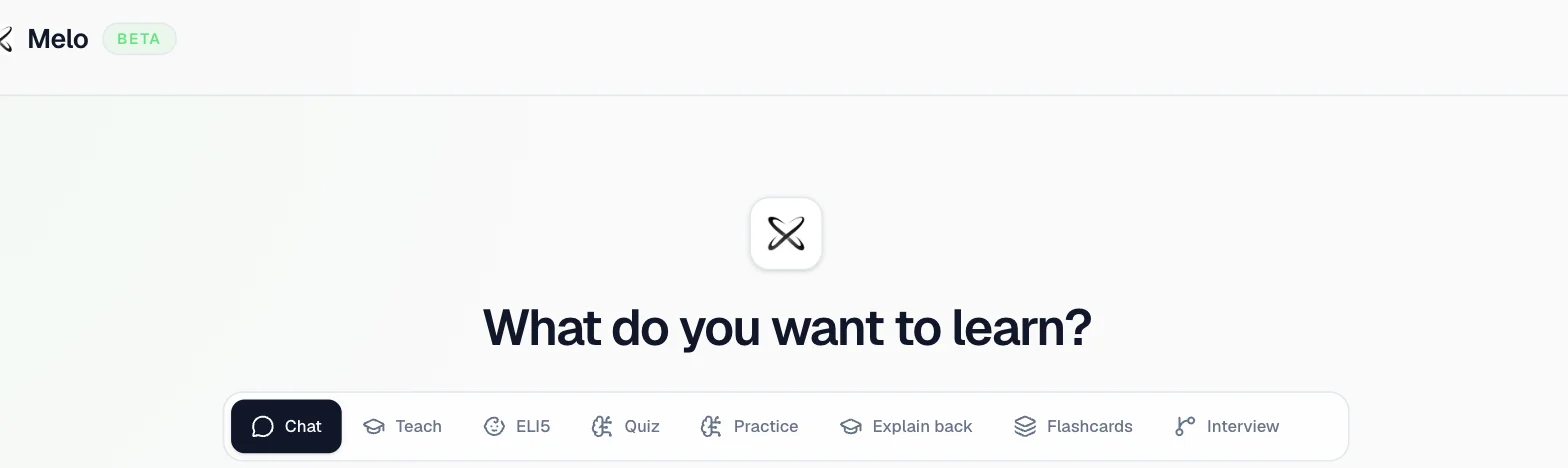 Melo interface showing the mode selector with Chat, Teach, ELI5, Quiz, Practice, Explain back, Flashcards and Interview tabs