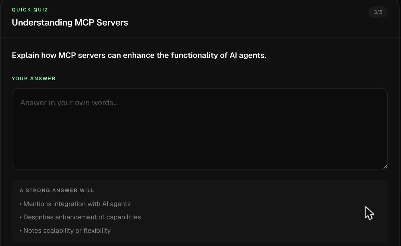 A Melo quiz question asking the learner to explain MCP servers in their own words, with a visible rubric listing what a strong answer will include