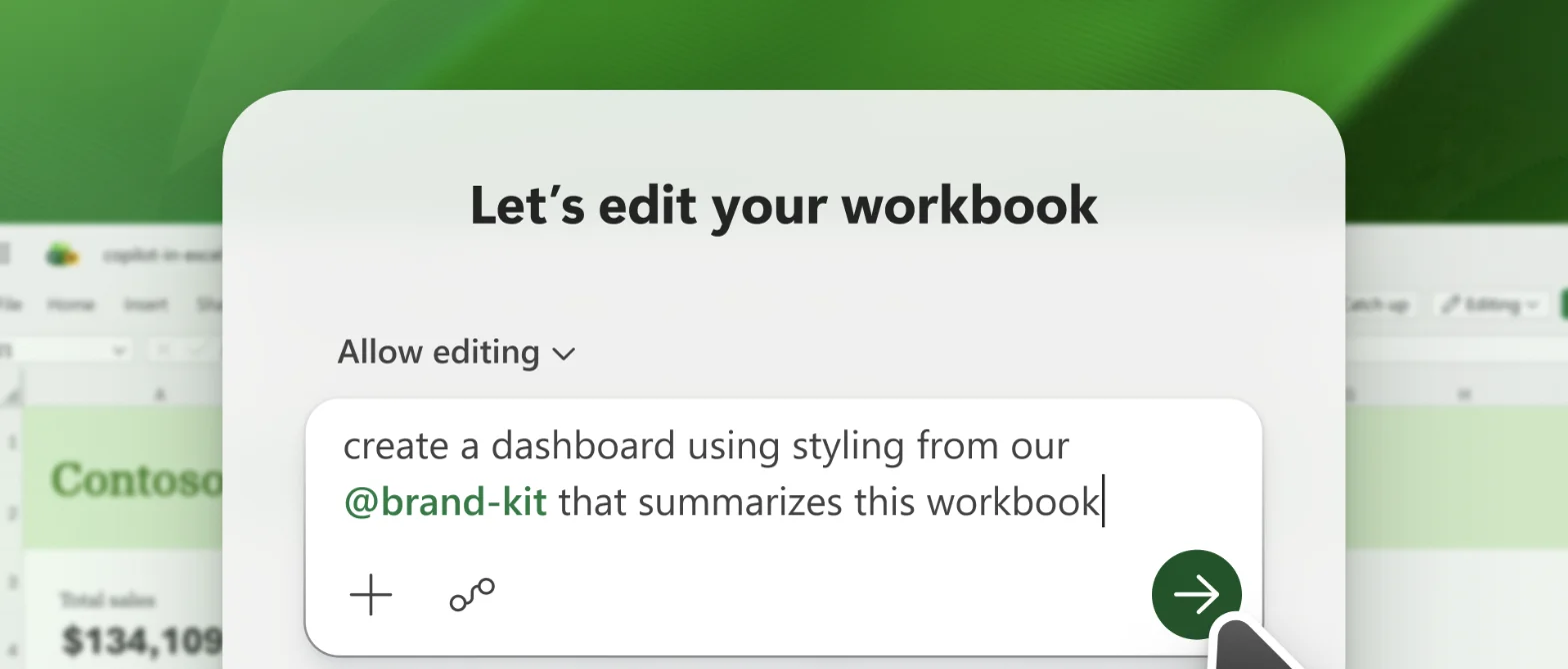 Microsoft Copilot in Excel prompt box asking to create a dashboard using brand-kit styling that summarizes the workbook