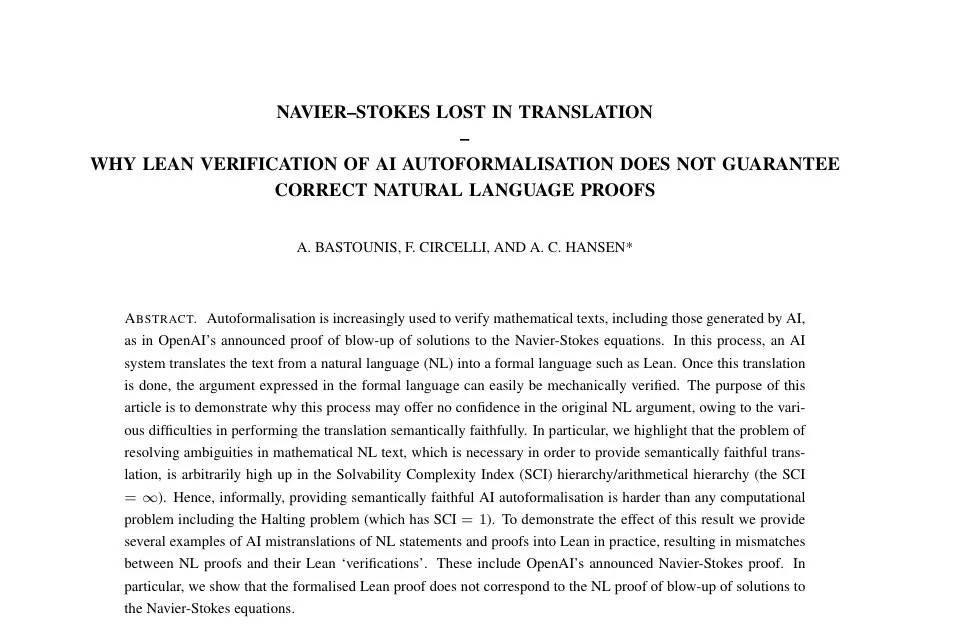 First page of the arXiv paper "Navier-Stokes Lost in Translation: Why Lean verification of AI autoformalisation does not guarantee correct natural language proofs" by Bastounis, Circelli and Hansen
