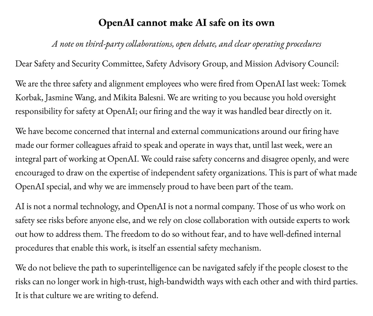 First page of the open letter from Tomek Korbak, Jasmine Wang and Mikita Balesni titled "OpenAI cannot make AI safe on its own", addressed to OpenAI's Safety and Security Committee, Safety Advisory Group and Mission Advisory Council
