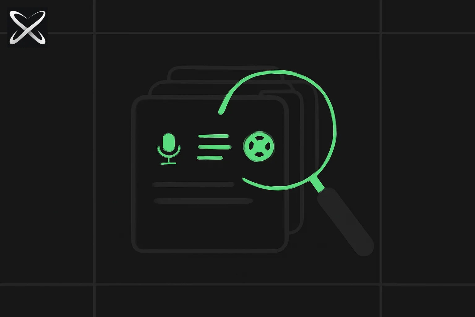 Top AI prompts for research diagram: a magnifying glass over a stack of template cards fanning into audio, text, and video icons