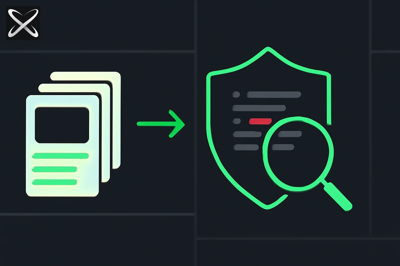 Top AI prompts for security review diagram: template cards feeding a shield with a magnifying glass scanning code for a vulnerability