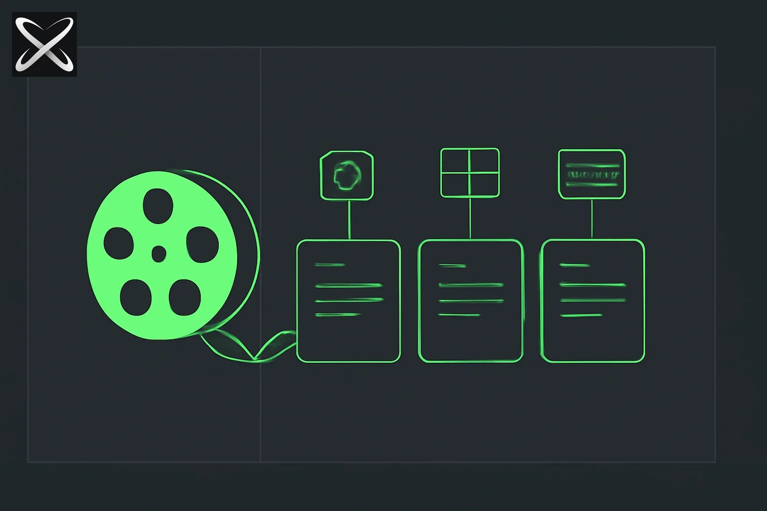 Top AI prompts for video diagram: a film reel unspooling into template cards linked to camera and storyboard icons