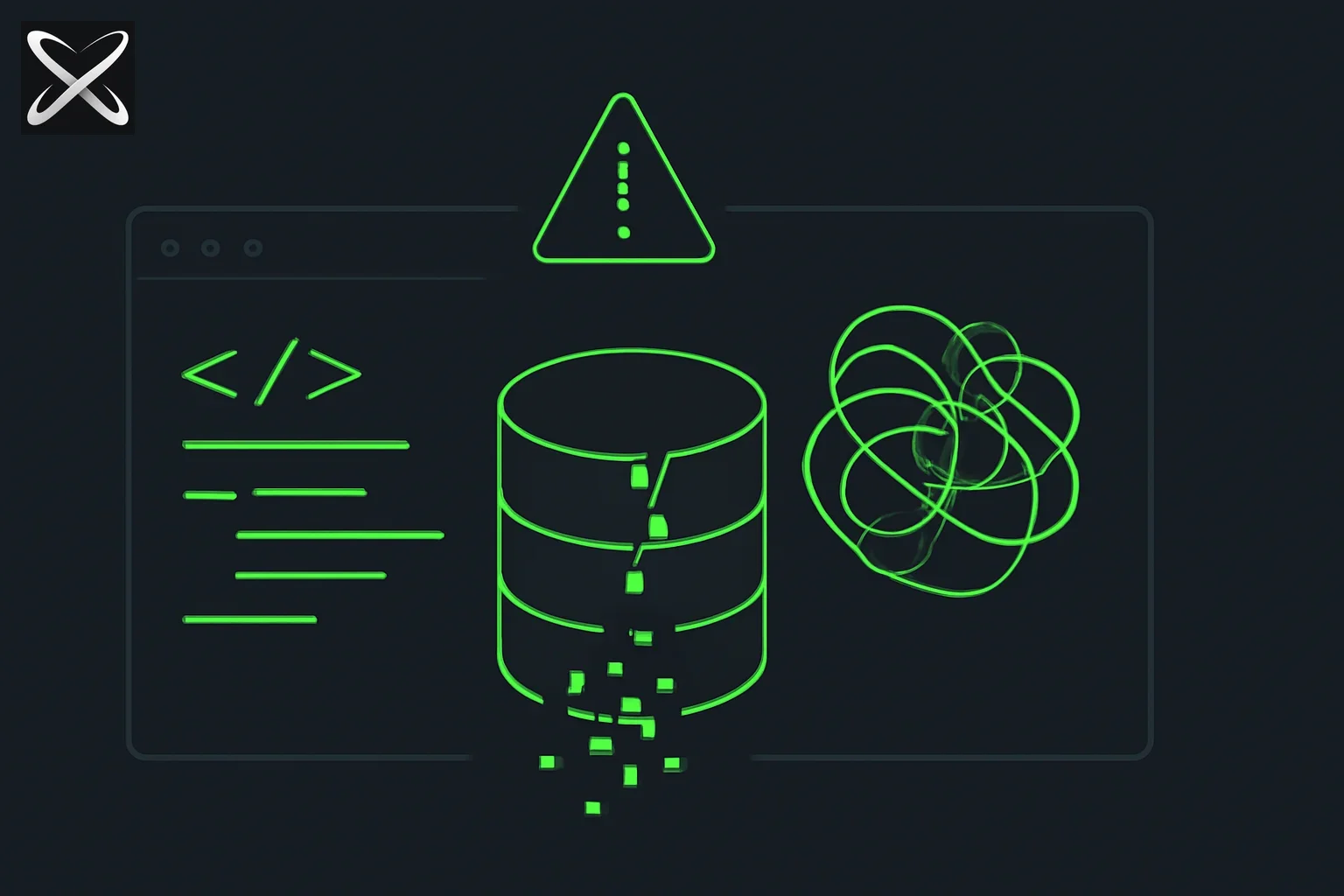 Vibe coding nightmares diagram: a cracked production database spilling data beside a tangled knot of code with a warning triangle