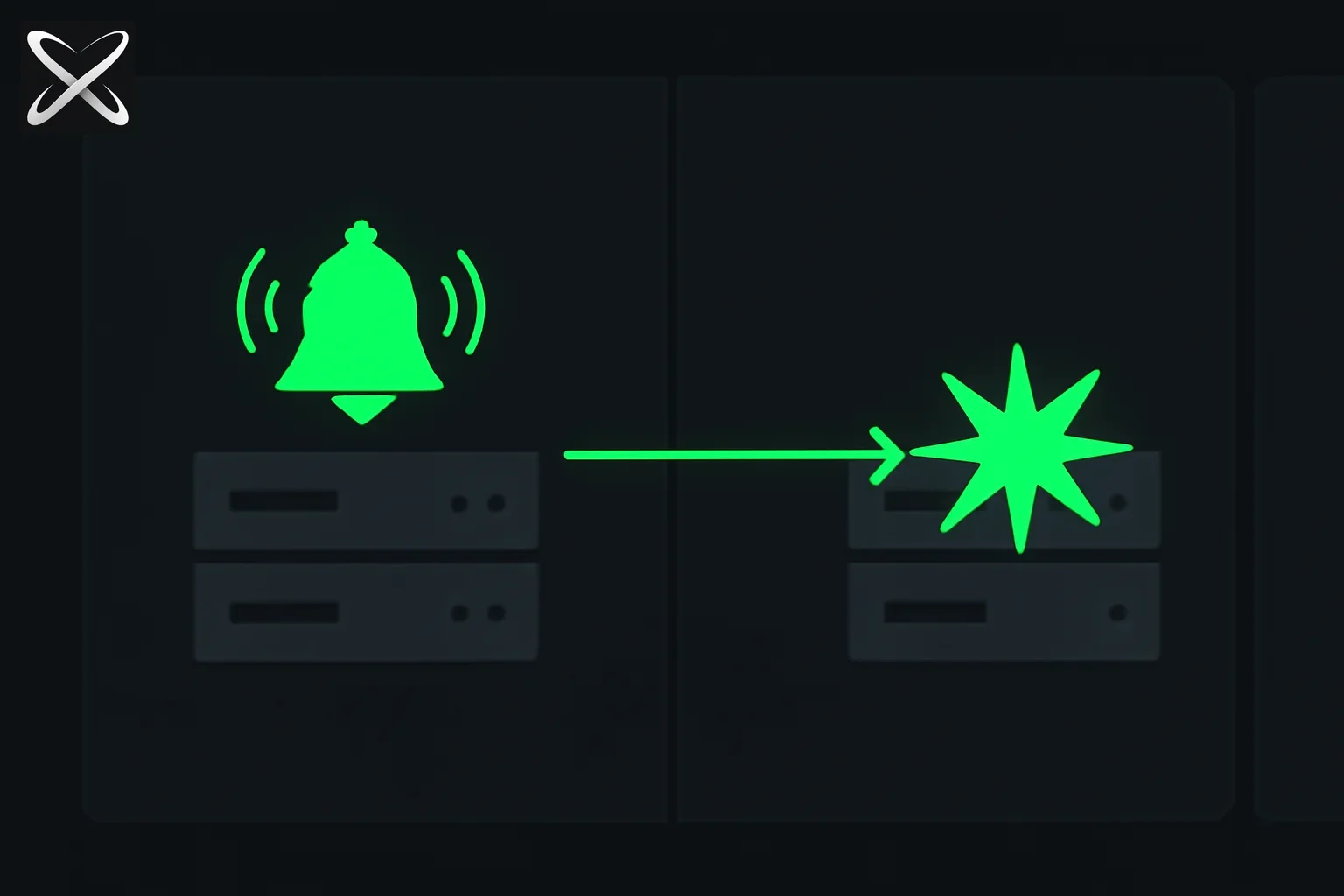 Webhook explainer diagram showing a bell ringing on one server and instantly triggering a second server