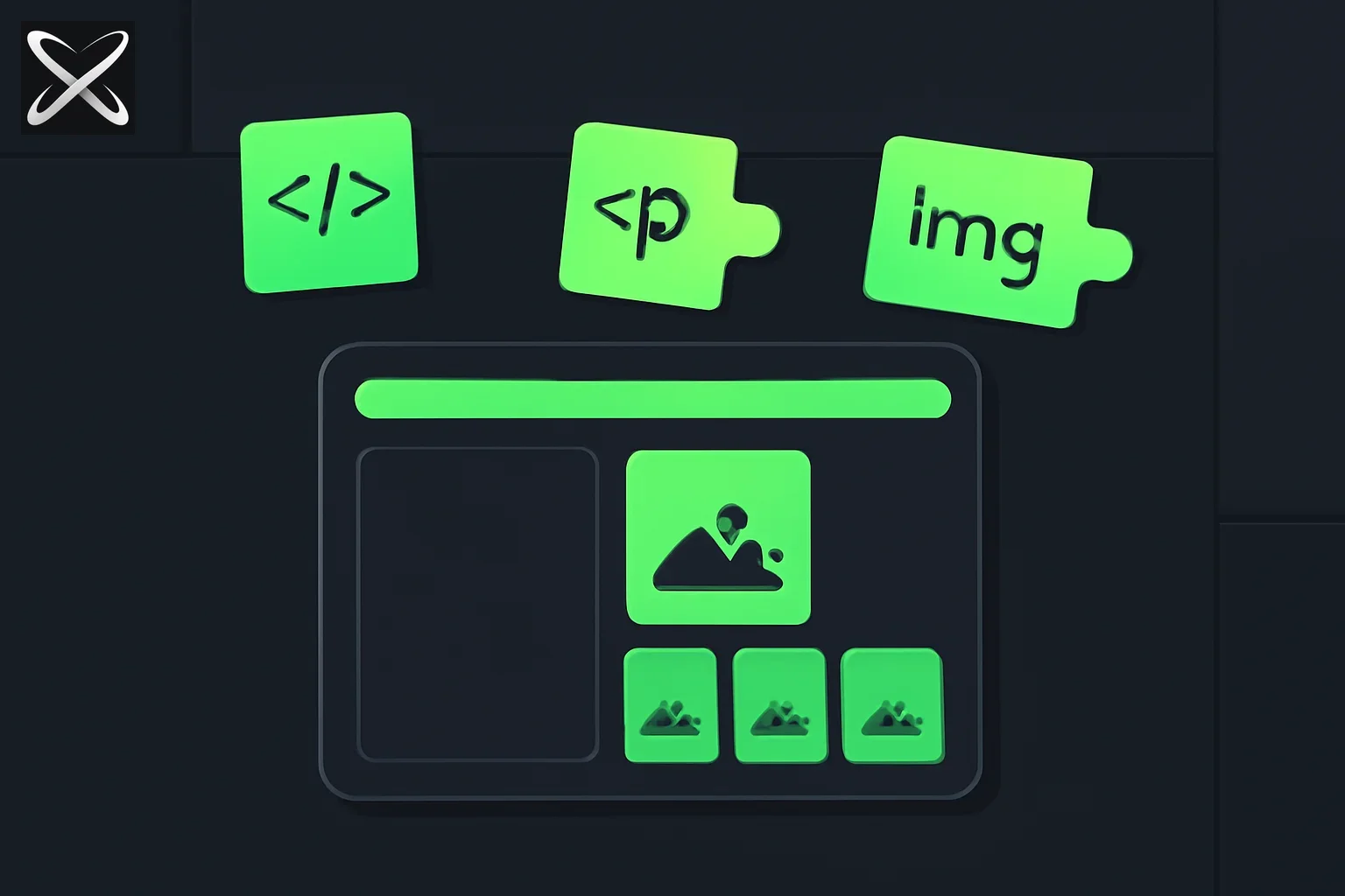 HTML basics diagram: labeled tag brackets snapping into place like building blocks to form a photo gallery webpage