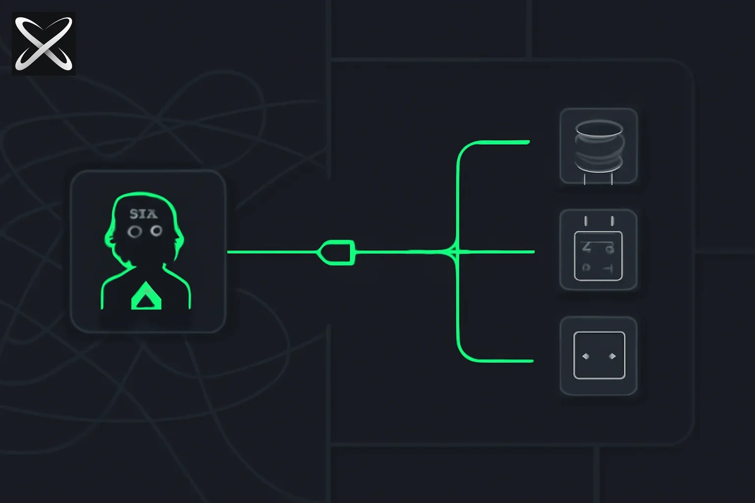 MCP diagram: one AI host connecting through a single universal port to many system icons, replacing a tangled web of separate wires