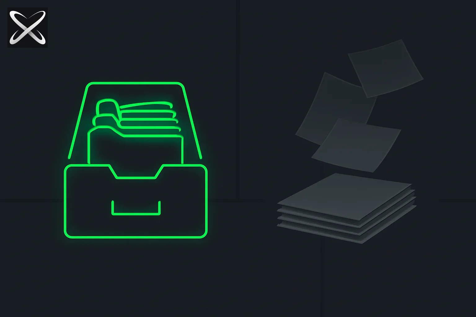MEMORY.md AI agent persistence explained — organized glowing folders in a drawer versus loose papers scattering and fading