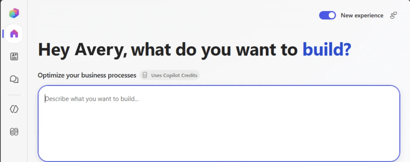Microsoft Copilot Studio home screen asking Hey Avery, what do you want to build, with a describe-what-you-want-to-build prompt box