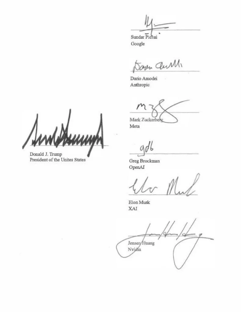 Signature page for the Joint Commitment on Frontier Responsibilities showing Donald J. Trump and six AI industry CEOs; the presidential line reads President of the Unites States