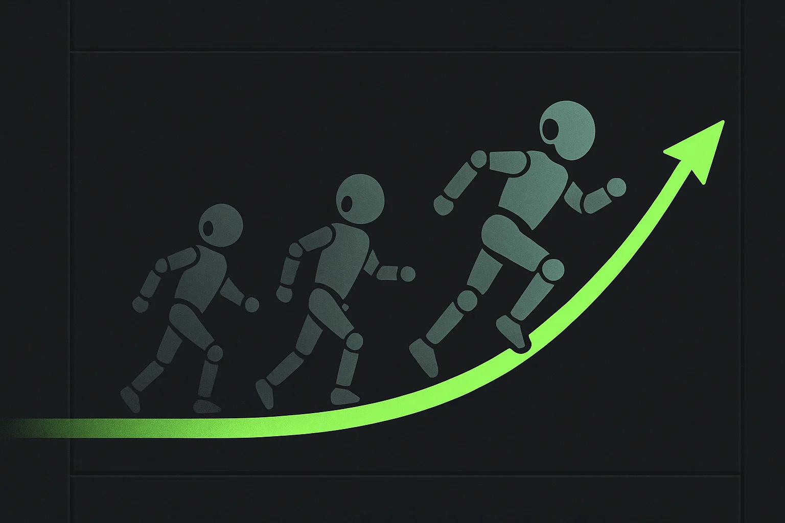 Stylized humanoid robots racing on an upward-curving track, symbolizing the World Humanoid Robot Games progression from demonstration to real-world capability